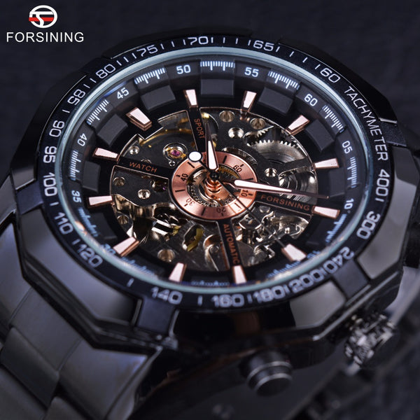 Sport Racing Series Skeleton Stainless Steel Black Golden Dial