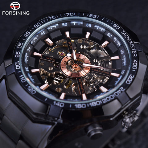 Sport Racing Series Skeleton Stainless Steel Black Golden Dial