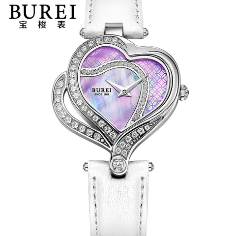 Elegant Ladies Heart Shape Sapphire Lens Genuine Leather Quartz