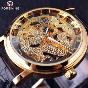 Chinese Dragon Skeleton Design Transparent Case Gold Watch