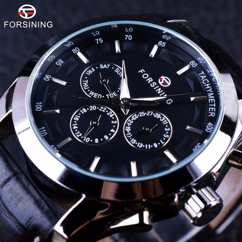 Forsining Business Time Series Black Genuine Leather Strap 3 Dial 6 Hands Men Watches Top Brand Luxury Automatic Watch Clock Men