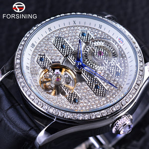 Forsining 2017 Design Genuine Leather Diamond Display Blue Hands Tourbillion Waterproof Mens Automatic Watches Top Brand Luxury
