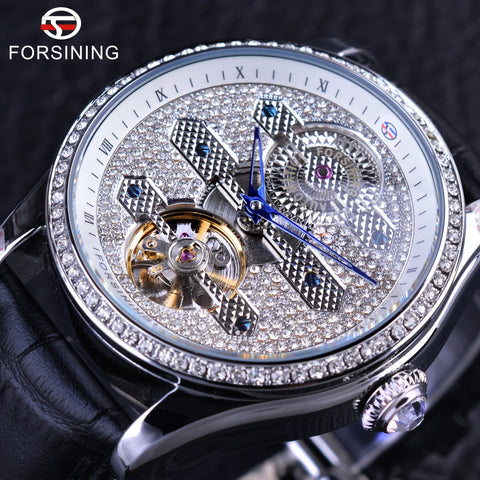 Forsining 2017 Design Genuine Leather Diamond Display Blue Hands Tourbillion Waterproof Mens Automatic Watches Top Brand Luxury