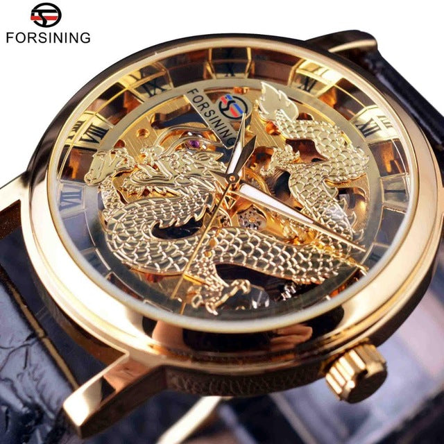 Chinese Dragon Skeleton Design Transparent Case Gold Watch