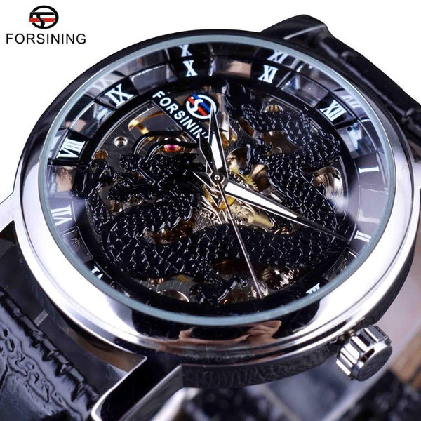 Chinese Dragon Skeleton Design Transparent Case Gold Watch
