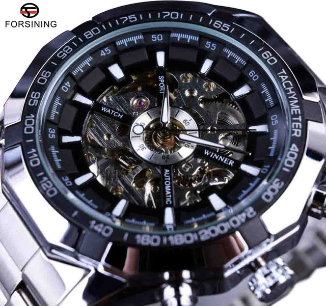 Sport Racing Series Skeleton Stainless Steel Black Golden Dial