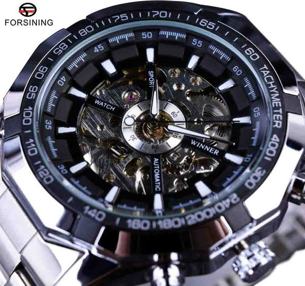 Sport Racing Series Skeleton Stainless Steel Black Golden Dial