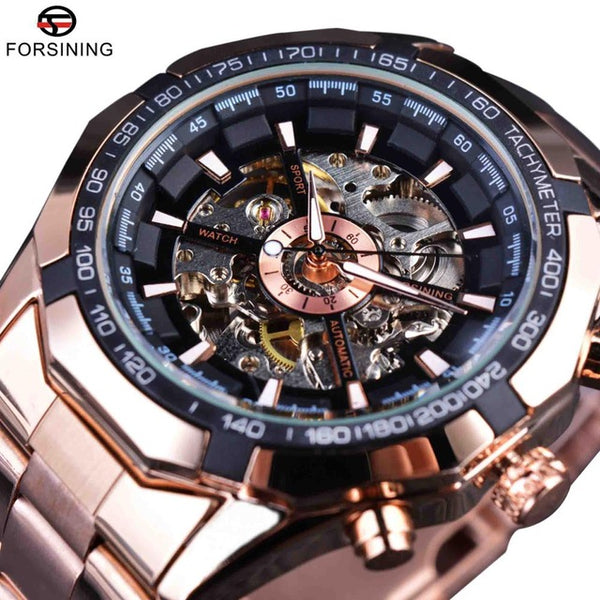 Sport Racing Series Skeleton Stainless Steel Black Golden Dial