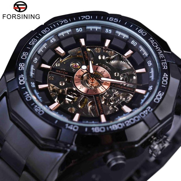 Sport Racing Series Skeleton Stainless Steel Black Golden Dial