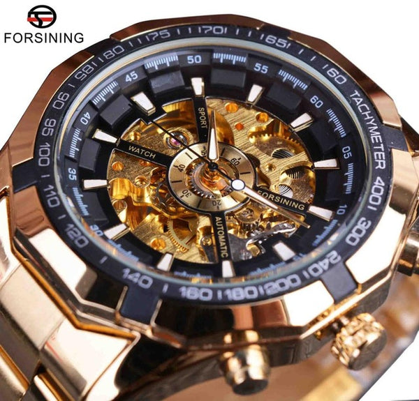Sport Racing Series Skeleton Stainless Steel Black Golden Dial