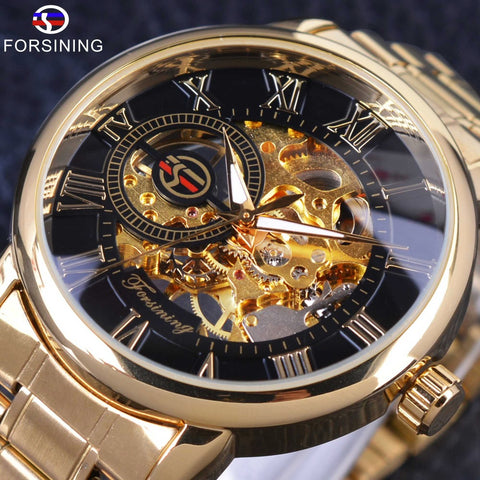 Forsining Retro Roman Number Display Mechanical Steampunk Design Transparent Mens Watches Top Brand Luxury Skeleton Wrist Watch