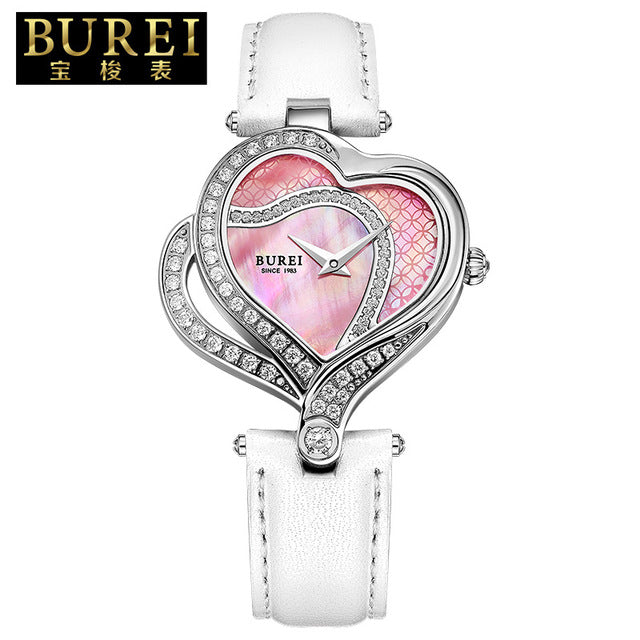 Elegant Ladies Heart Shape Sapphire Lens Genuine Leather Quartz