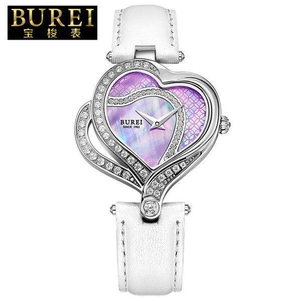 Elegant Ladies Heart Shape Sapphire Lens Genuine Leather Quartz