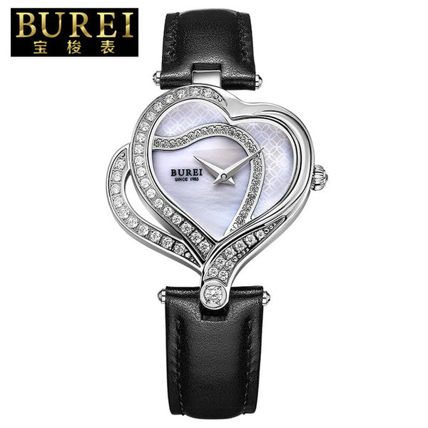 Elegant Ladies Heart Shape Sapphire Lens Genuine Leather Quartz