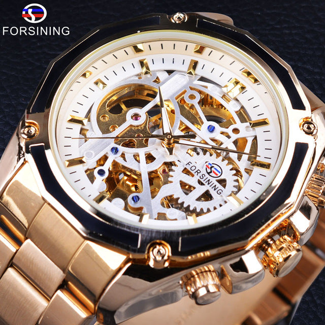 Forsining Mechanical Steampunk Design Fashion Business Dress Men Watch Top Brand Luxury Stainless Steel Automatic Skeleton Watch