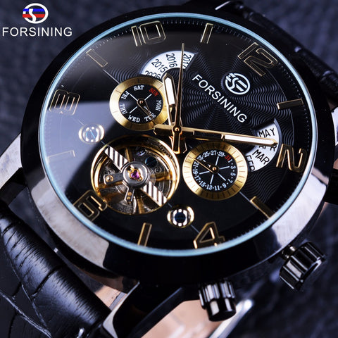 Tourbillion Black Golden Wave Dial Fashion Casual Design Men Watch