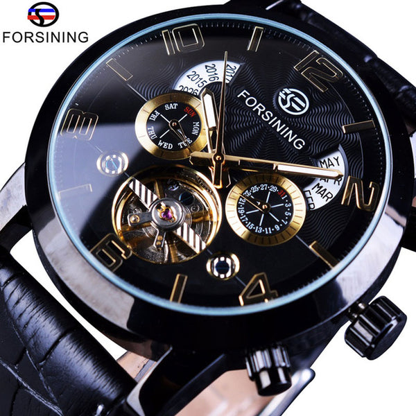 Tourbillion Black Golden Wave Dial Fashion Casual Design Men Watch