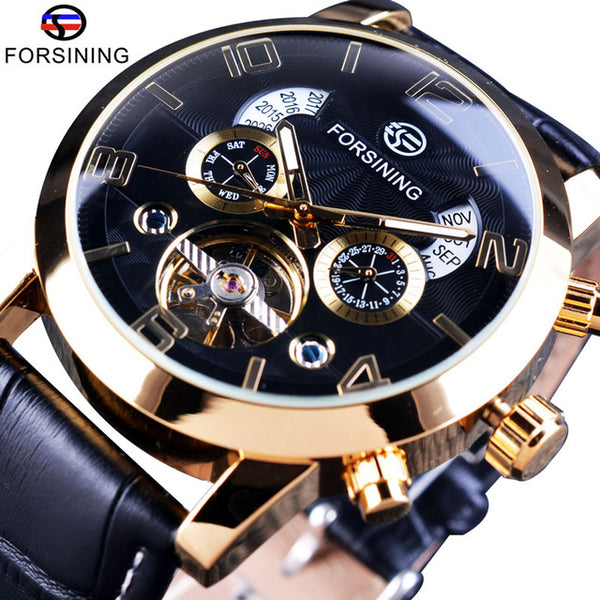 Tourbillion Black Golden Wave Dial Fashion Casual Design Men Watch