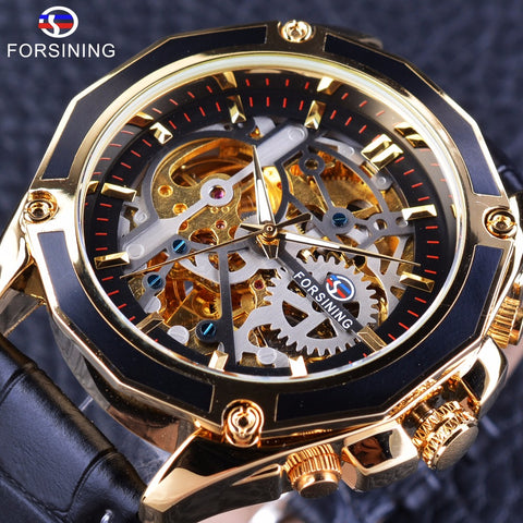 Forsining Transparent Case Gear Movement Steampunk Men Automatic Skeleton Watch Top Brand Luxury Open Work Design Self Winding