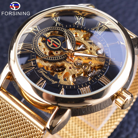 Forsining Transparent Case 3D Engraving Golden Stainless Steel