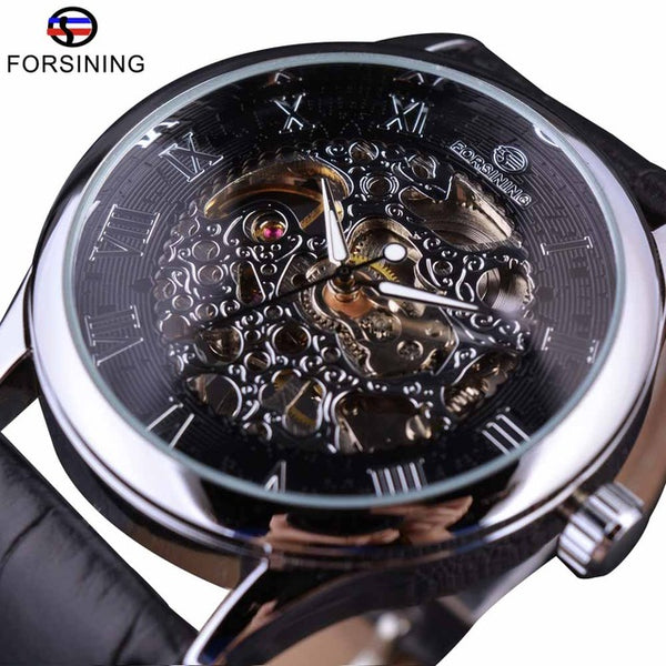 Forsining Retro Classic Design Roman Number Display Transparent Case Mechanical Skeleton Watch Men Watch Top Brand Luxury Clcok