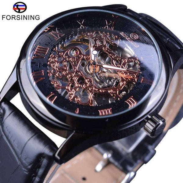 Forsining Retro Classic Design Roman Number Display Transparent Case Mechanical Skeleton Watch Men Watch Top Brand Luxury Clcok