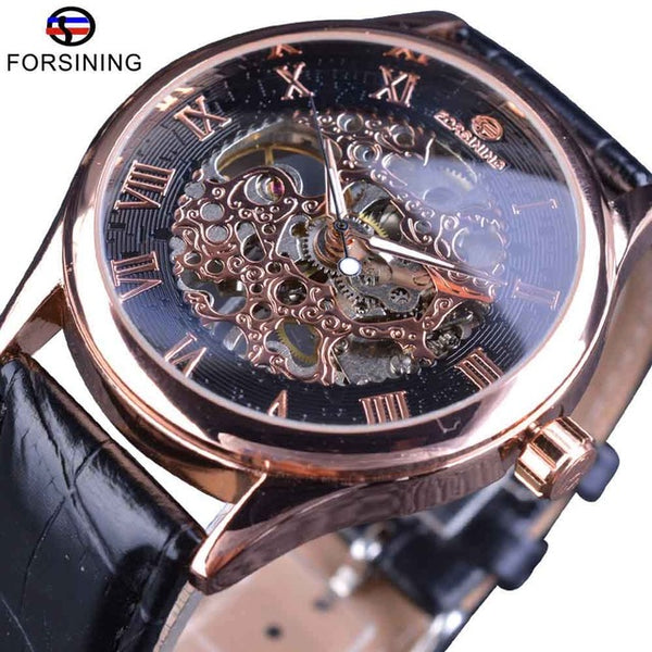 Forsining Retro Classic Design Roman Number Display Transparent Case Mechanical Skeleton Watch Men Watch Top Brand Luxury Clcok