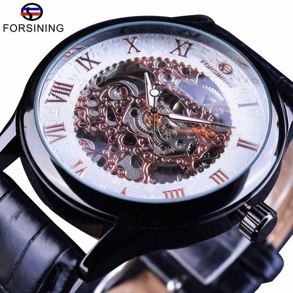 Forsining Retro Classic Design Roman Number Display Transparent Case Mechanical Skeleton Watch Men Watch Top Brand Luxury Clcok