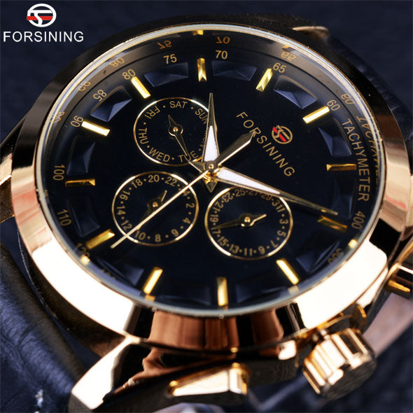 Forsining Business Time Series Black Genuine Leather Strap 3 Dial 6 Hands Men Watches Top Brand Luxury Automatic Watch Clock Men