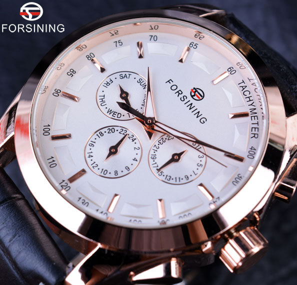Forsining Business Time Series Black Genuine Leather Strap 3 Dial 6 Hands Men Watches Top Brand Luxury Automatic Watch Clock Men