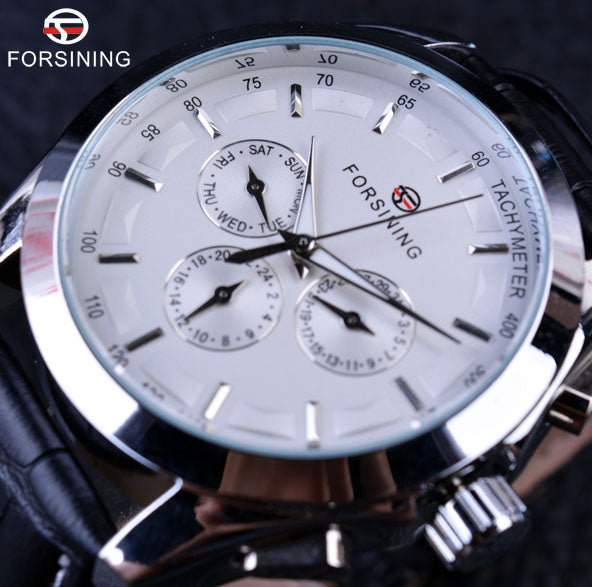 Forsining Business Time Series Black Genuine Leather Strap 3 Dial 6 Hands Men Watches Top Brand Luxury Automatic Watch Clock Men