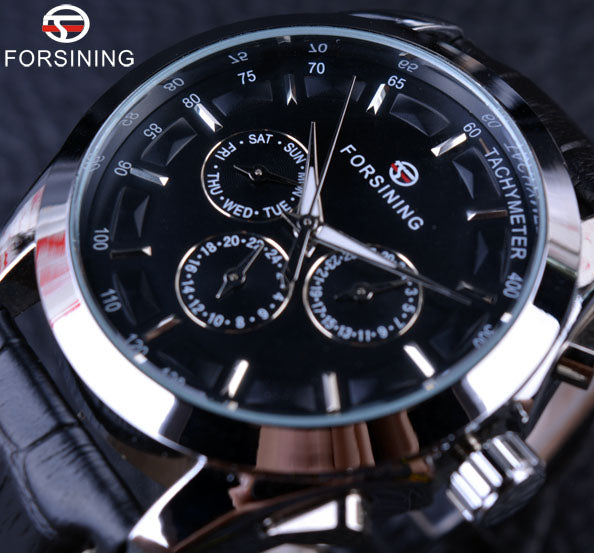 Forsining Business Time Series Black Genuine Leather Strap 3 Dial 6 Hands Men Watches Top Brand Luxury Automatic Watch Clock Men
