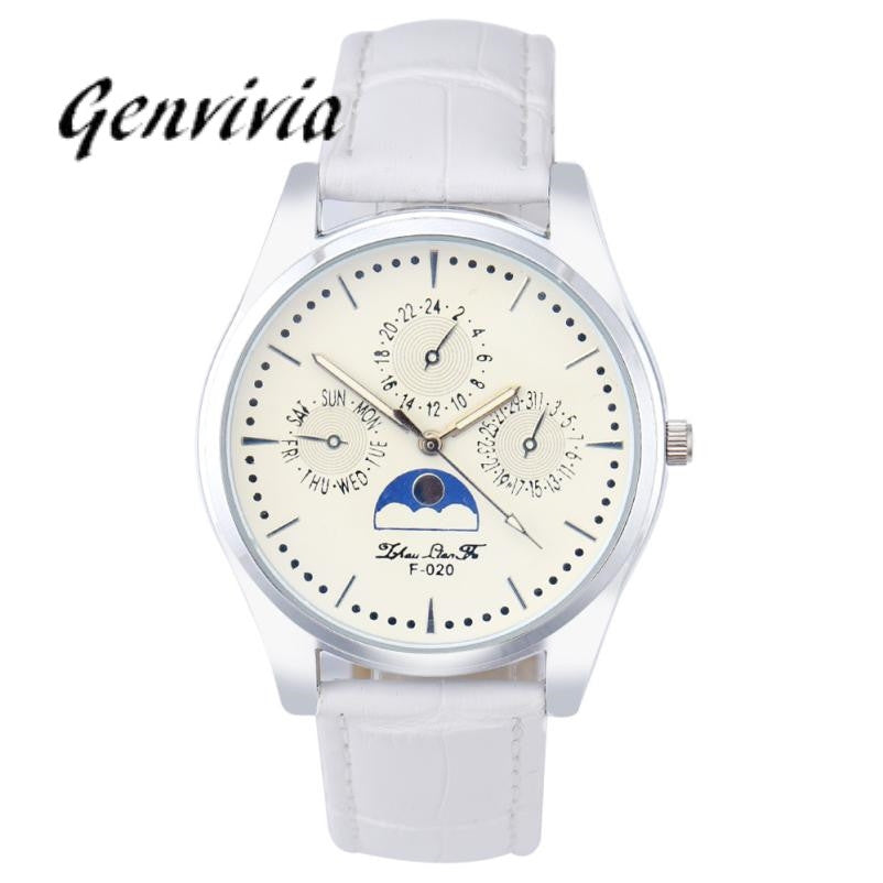 GENVIVIA Man Round Case Watch 3 Colors Fashion Quartz Dial Leather Analog WristWatch Male Relogio