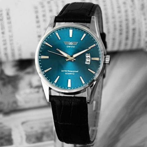 Black Leather Strap Mens Date Wrist Watch
