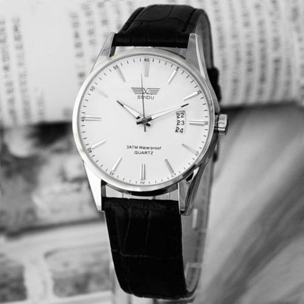 Black Leather Strap Mens Date Wrist Watch