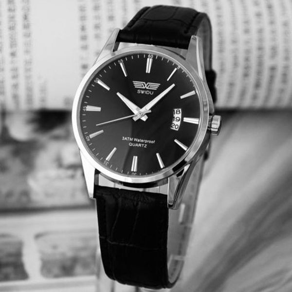 Black Leather Strap Mens Date Wrist Watch