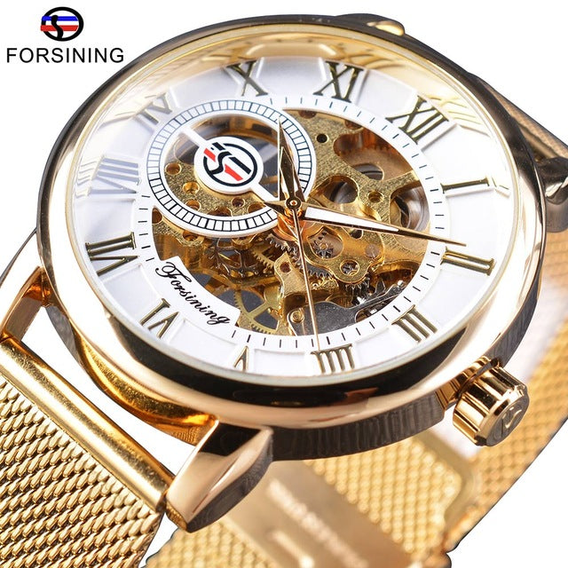 Forsining Transparent Case 3D Engraving Golden Stainless Steel