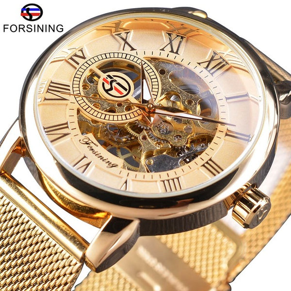 Forsining Transparent Case 3D Engraving Golden Stainless Steel