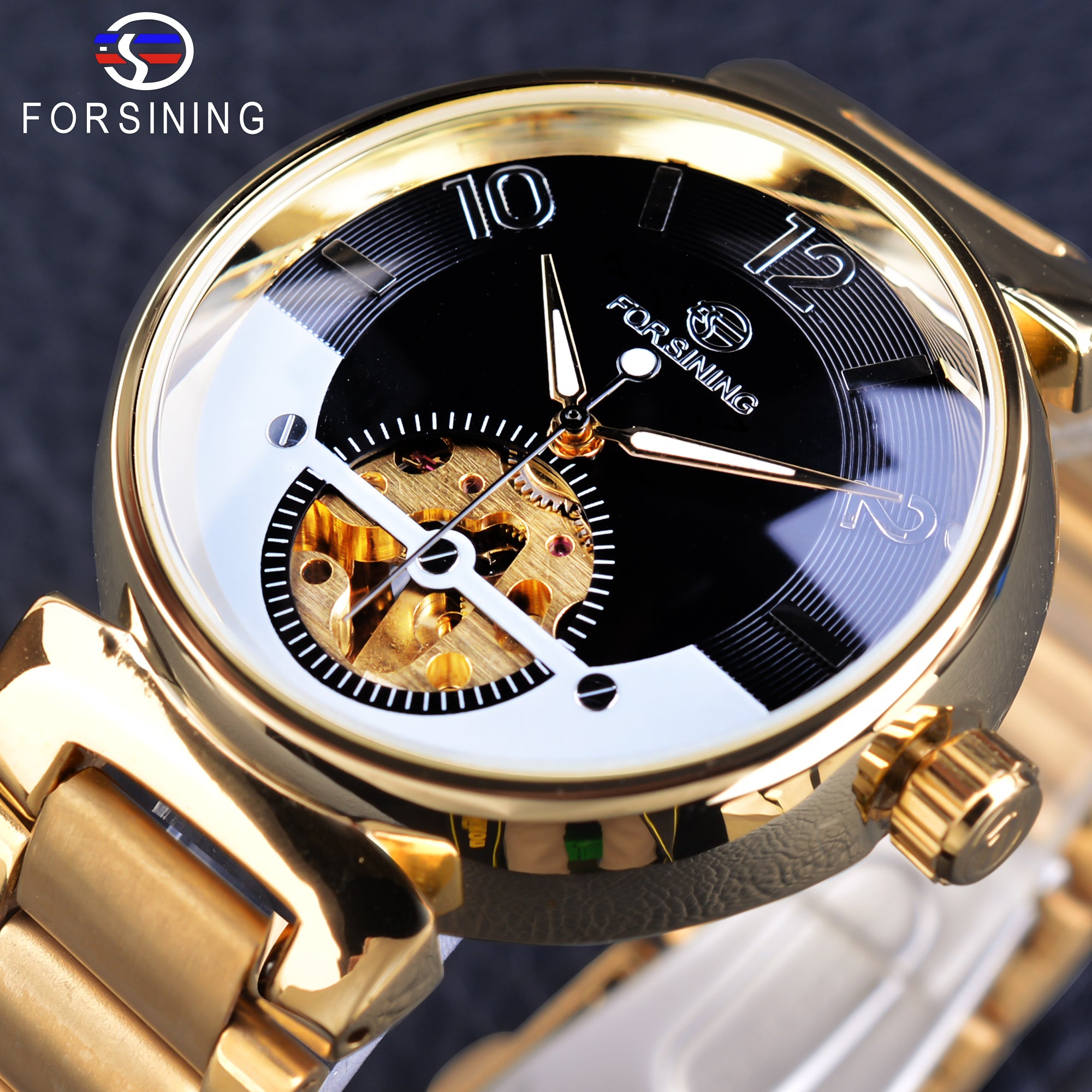 Forsining 2017 Creative Watch Golden Stainless Steel Men's Watch Top Brand Luxury Automatic Skeleton Wristwatch Luminous Clock