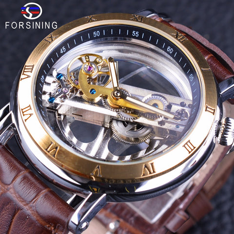 Golden Roman Number Brown Leather Double Side Transparent