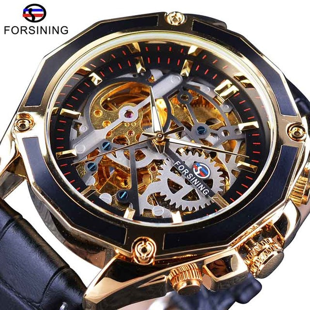 Forsining Transparent Case Gear Movement Steampunk Men Automatic Skeleton Watch Top Brand Luxury Open Work Design Self Winding