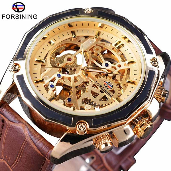 Forsining Transparent Case Gear Movement Steampunk Men Automatic Skeleton Watch Top Brand Luxury Open Work Design Self Winding