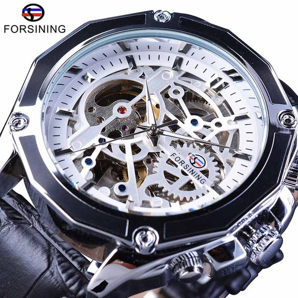 Forsining Transparent Case Gear Movement Steampunk Men Automatic Skeleton Watch Top Brand Luxury Open Work Design Self Winding