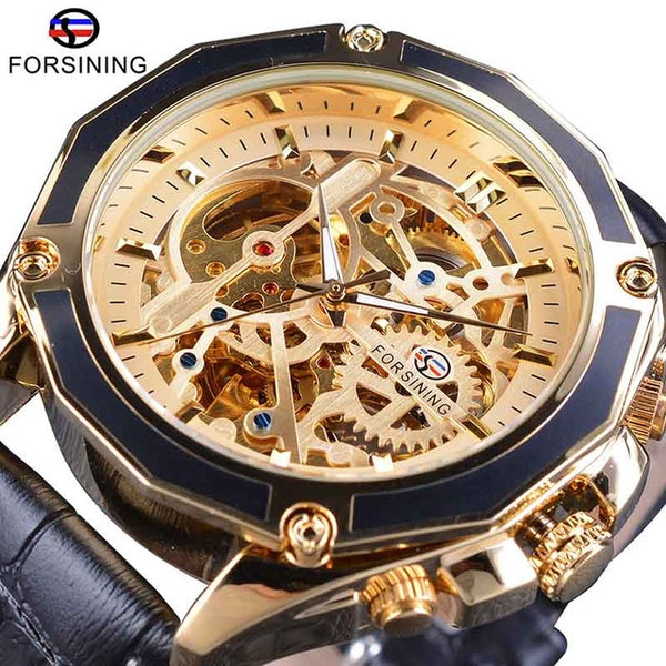 Forsining Transparent Case Gear Movement Steampunk Men Automatic Skeleton Watch Top Brand Luxury Open Work Design Self Winding