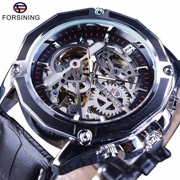 Forsining Transparent Case Gear Movement Steampunk Men Automatic Skeleton Watch Top Brand Luxury Open Work Design Self Winding