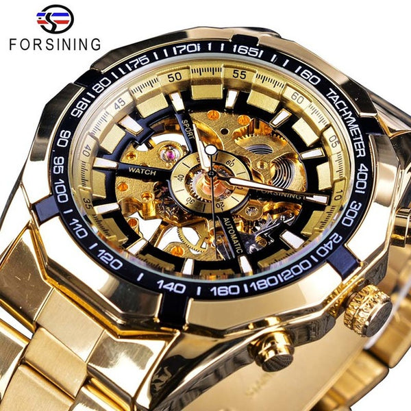 Sport Racing Series Skeleton Stainless Steel Black Golden Dial