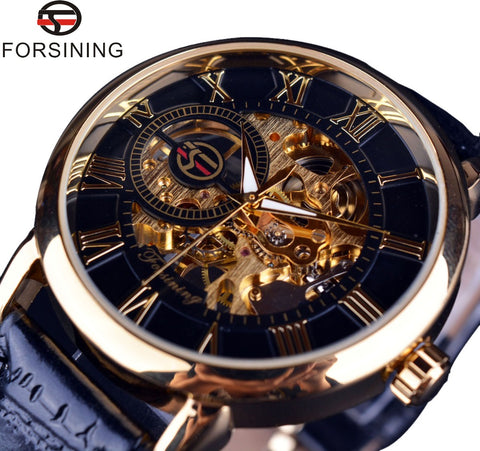 Forsining 3d Hollow Engraving Black Gold Case