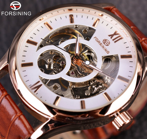 Forsining Rose Gold Design Brown Men Watch Top Brand Luxury Erkek Saat Skeleton Mechanical Watch Male Clock Relogio Montre Homme